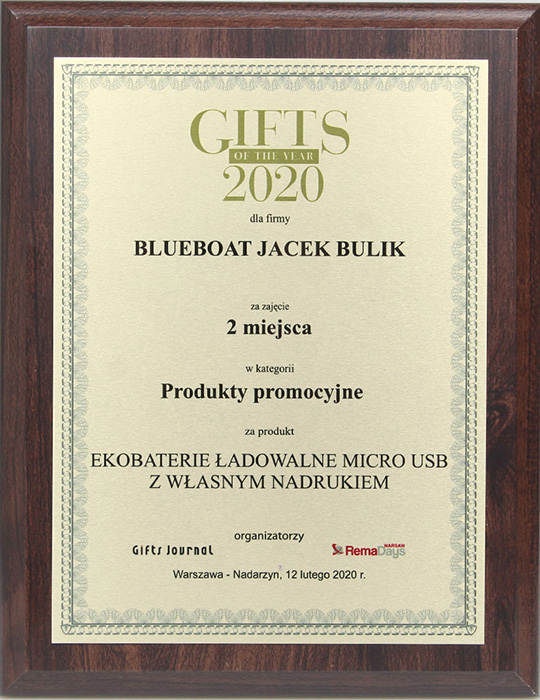 Gifts of the Year 2020 BLUEBOAT ekobaterie ładowalne 2miejsce